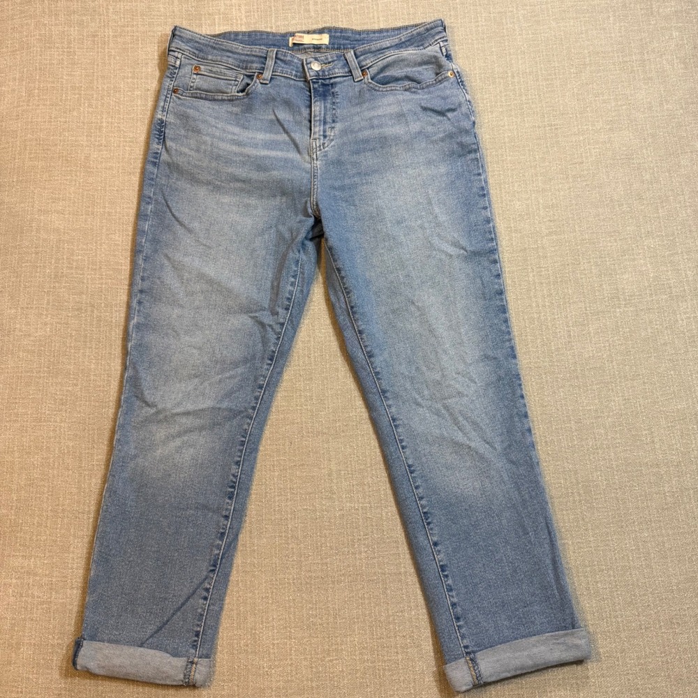 Signature Levi Strauss Women 14 Blue Boyfriend Jeans Mid Rise Straight Leg